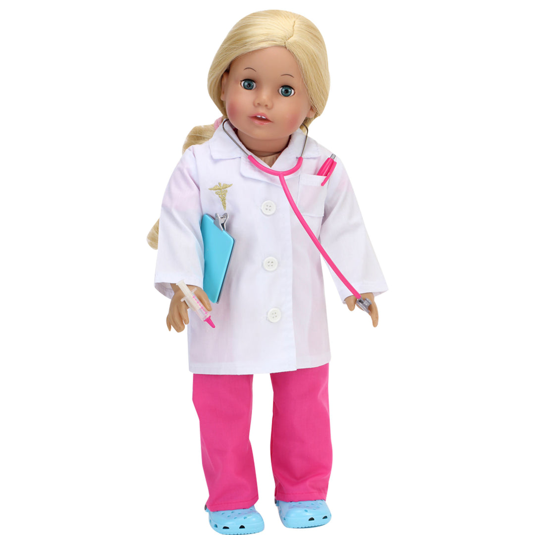 A blonde 18" doll with blue eyes dressed in pink scrubs and a white lab coat, comfy blue shoes and a stethoscope, carrying a clipboard and pen.