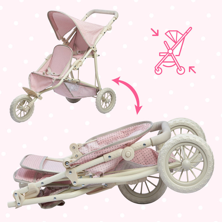 A picture of the pink and gray polka dots in its upright position and in its collapsed position and an illustration with arrows indicating that the baby doll tandem stroller can convert.