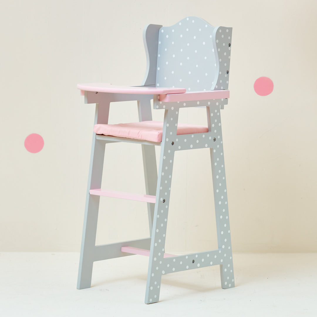 A pink and grey Olivia's Little World Polka Dots Princess Kids Baby Doll High Chair, Gray.