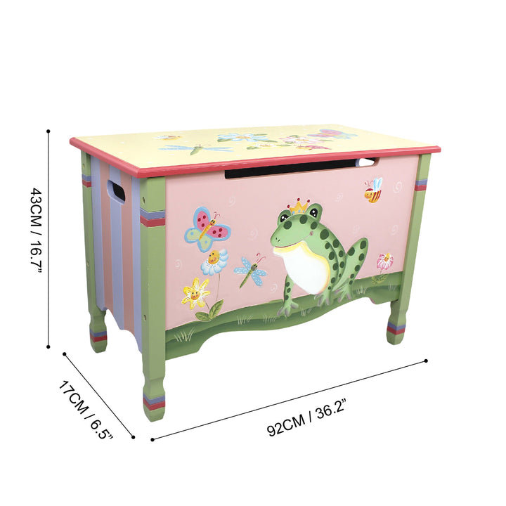 A pink Fantasy Fields Kids Magic Garden Kids Wooden Toy Storage Chest with a frog on it.