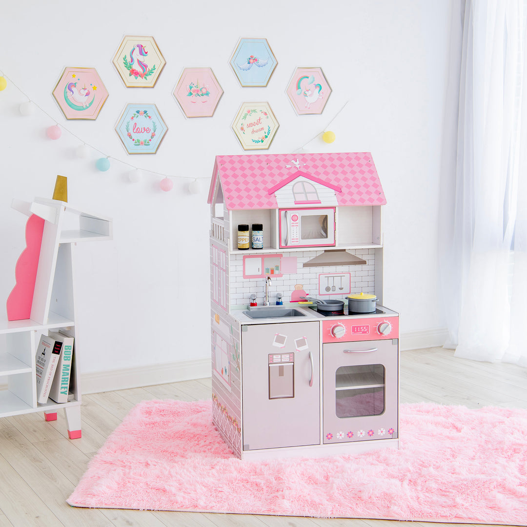 Teamson Kids Ariel 2-in-1 Double-Sided Play Kitchen with Accessories and Furnished Dollhouse for 12" Dolls, Pink