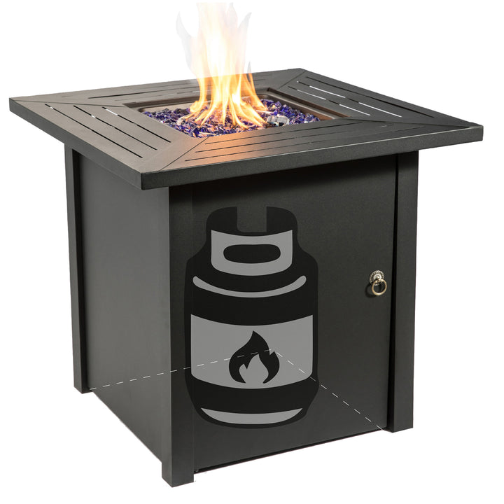 A Teamson Home Outdoor Square 30" Propane Gas Fire Pit with Steel Base with visible flames and a storage compartment for the gas tank.