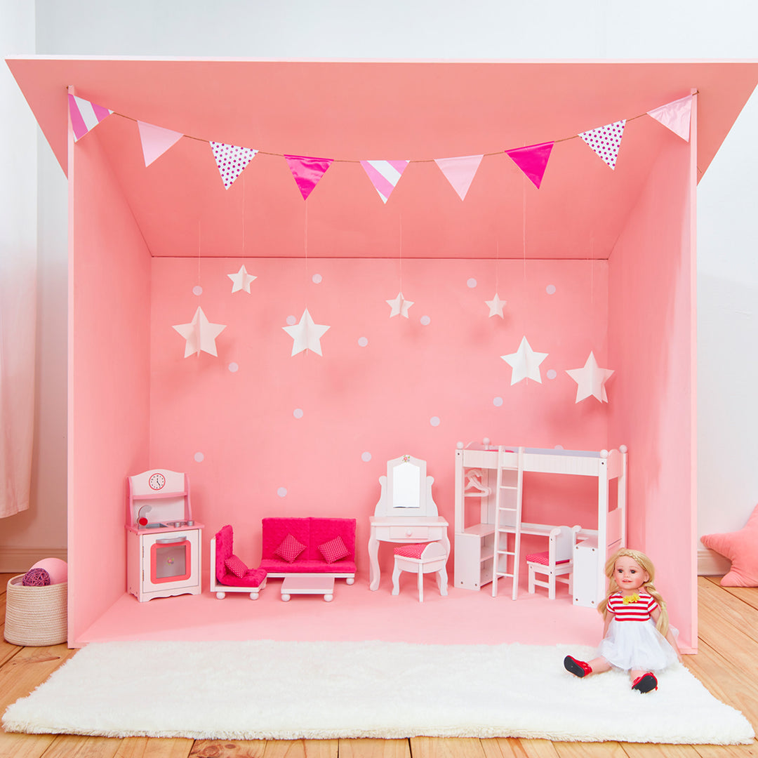 A pink doll house with doll furniture and Olivia's Little World Little Princess Lounge Set with Couch, Chair and Coffee Table, Hot Pink/White.