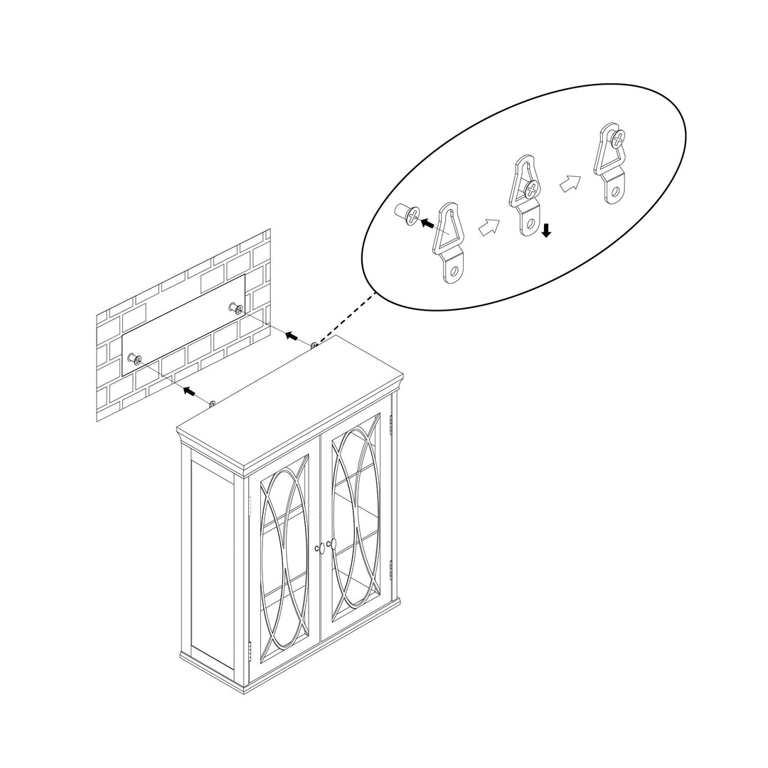 An isometric line drawing illustrating the assembly of a Teamson Home Florence 2 Door Wooden Wall Cabinet with Adjustable Shelves, White with an inset detailing the attachment of a panel using fasteners.