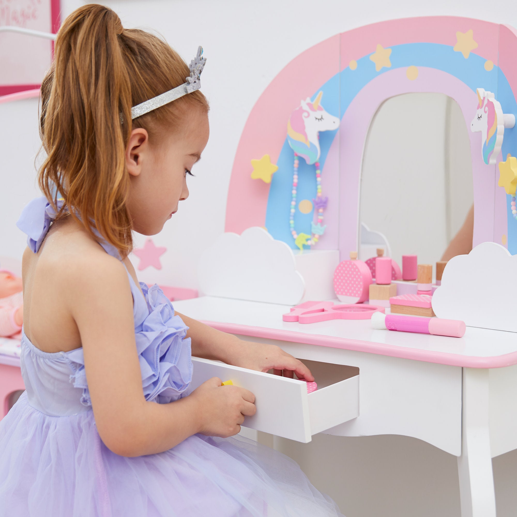 Fantasy Fields Little Dreamer Rainbow Unicorn Vanity Table Set with Mirror and Stool, White