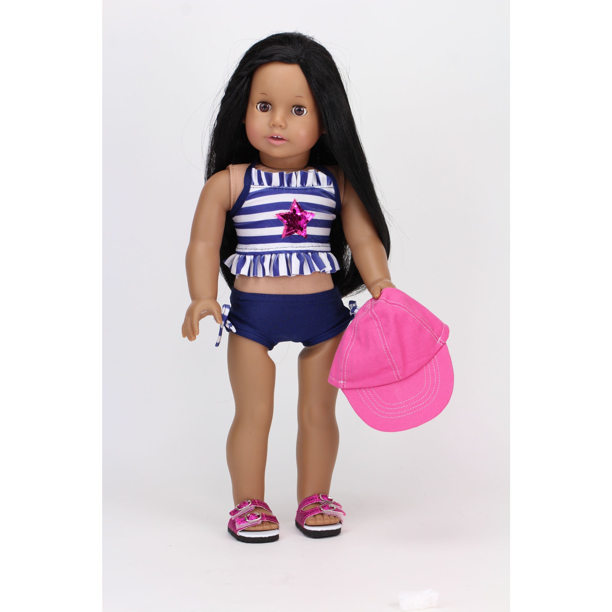 Sophia’s Striped Two-Piece Halter Swimsuit with Hot Pink Sequin Star Applique & Baseball Cap for 18” Dolls, Navy/Pink