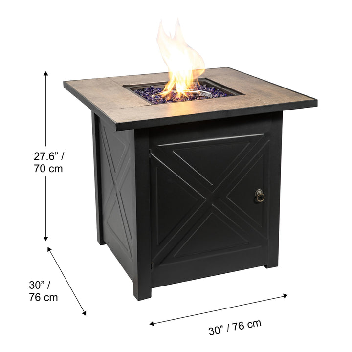 Dimensions in inches and centimeters of the Teamson Home Outdoor Square 30" Propane Gas Fire Pit with Steel Base, Black