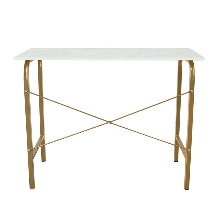 A white and gold Teamson Home 40" Home Office Computer Desk with Metal Base, Faux Marble/Brass.