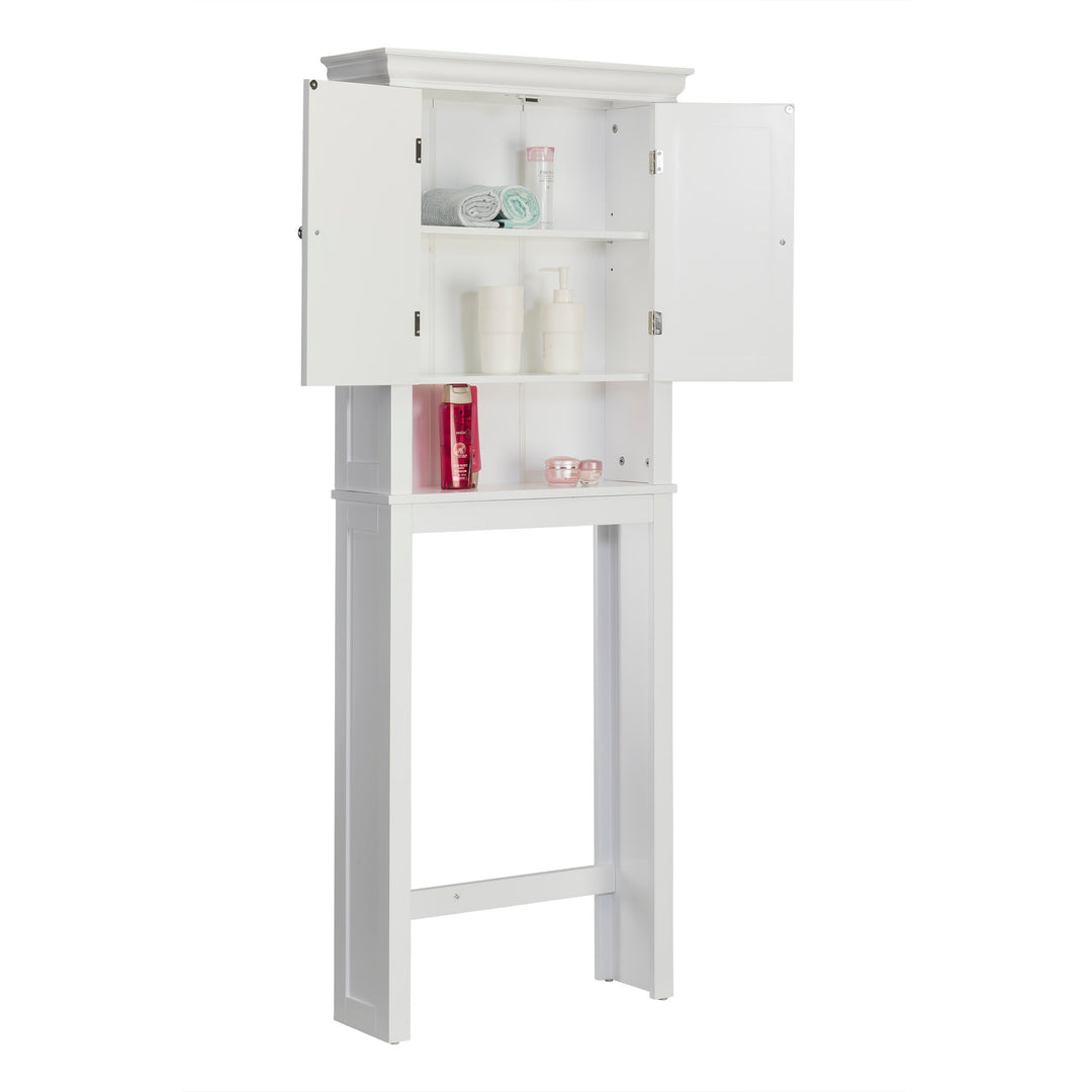 A White Teamson Home Stratford Over-the-Toilet Cabinet with an Open Shelf with toiletries 