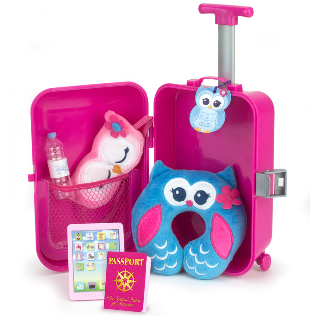 A Sophia's Travel Accessories Plus Suitcase Set for 18" Dolls with stuffed animals and a passport, accessories included for pretend play.