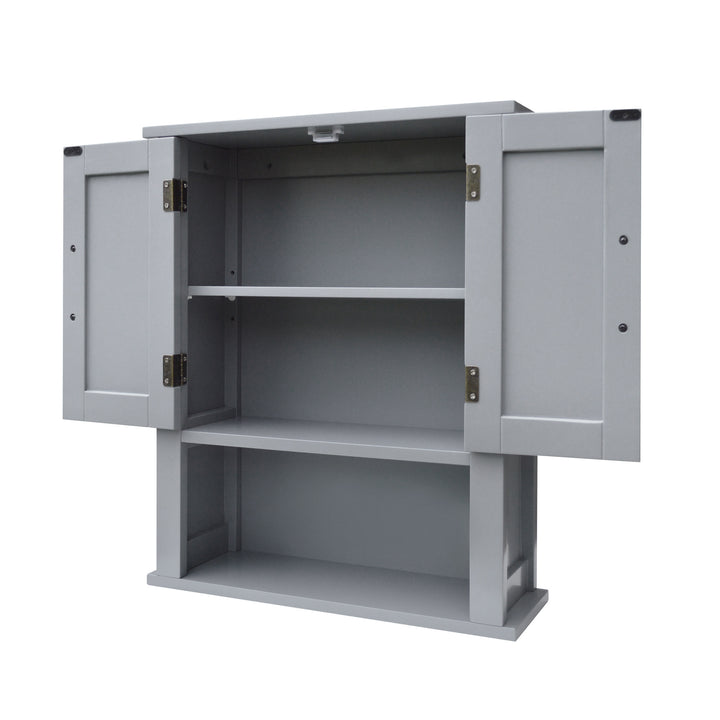 Teamson Home Gray Mercer Removable Cabinet with the cabinet doors open revealing an adjustable internal shelf