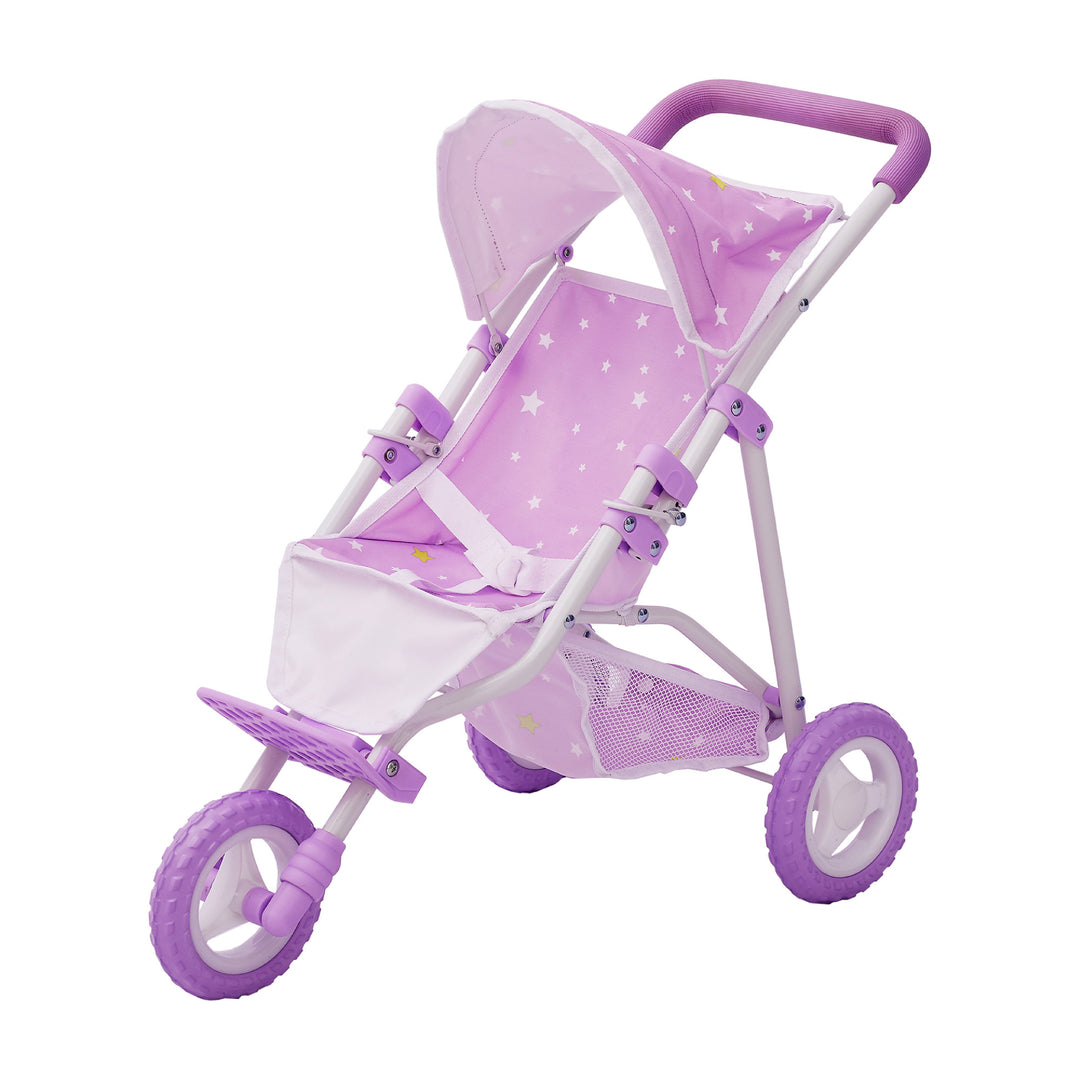 A durable, Olivia's Little World Twinkle Stars Doll Jogging Stroller in purple and white with polka dots.