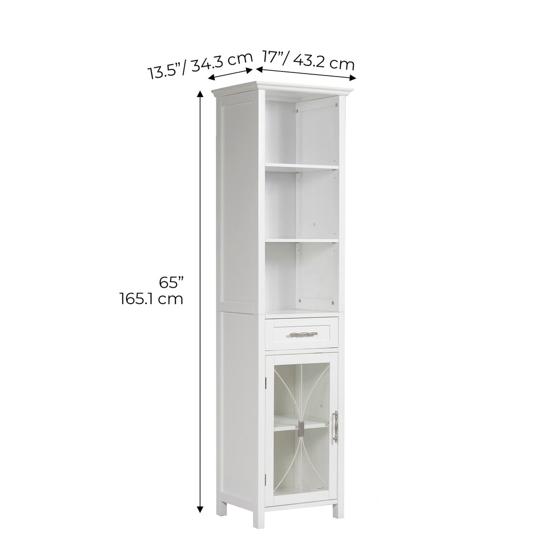 White Teamson Home Delaney Freestanding Linen Tower with Mixed Storage with dimensions in inches and centimeters