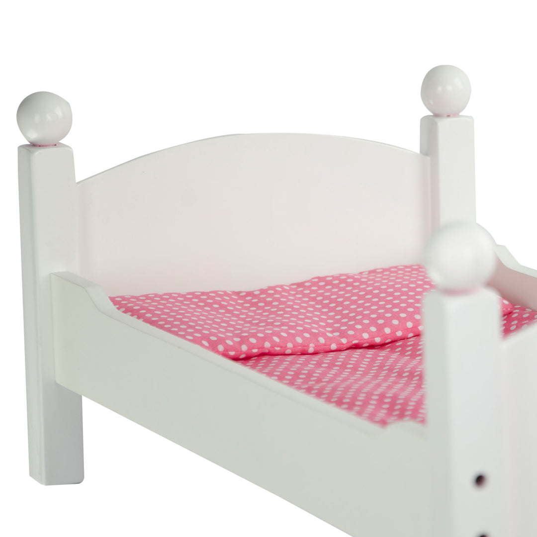 Olivia's Little World Polka Dots Princess 18" Doll Bunk Bed, Gray with a pink blanket on it.