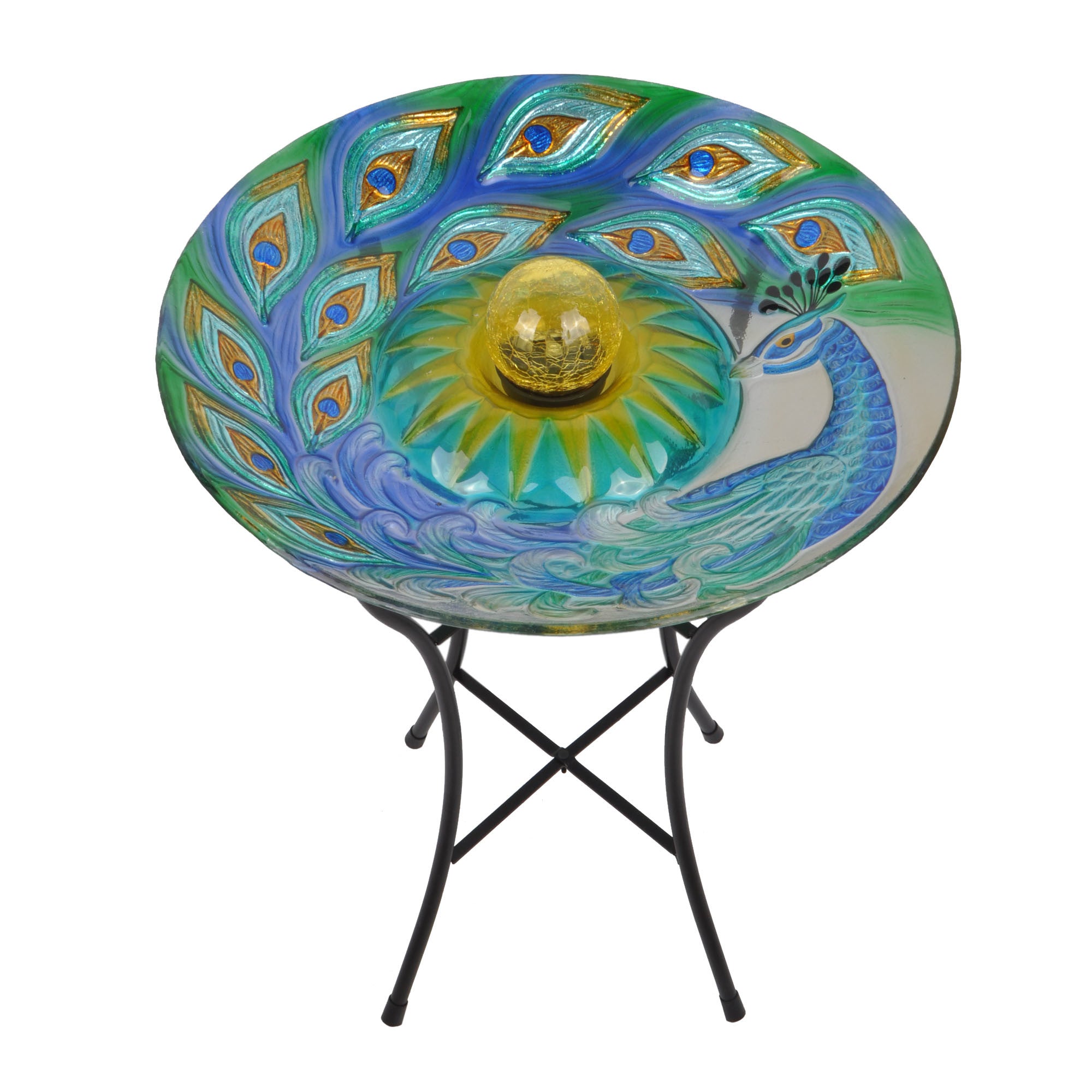 Teamson Home 18" Outdoor Solar Glass Peacock Birdbath with LED Lights and Stand, Multicolor