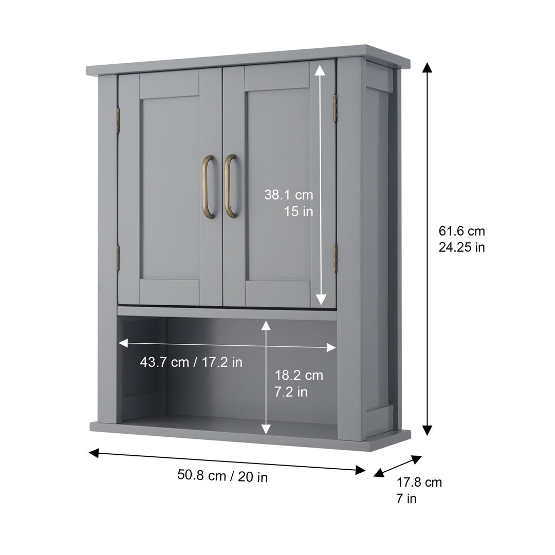 Teamson Home Gray Mercer Removable Cabinet with dimensions in inches and centimeters