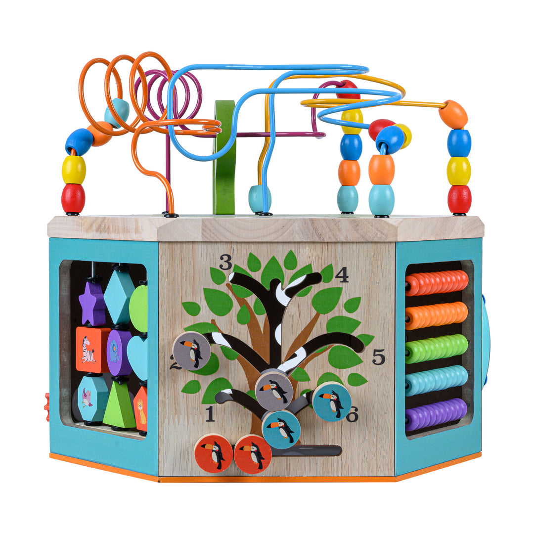 A view of spinning tiles animated with animals, a tree with sliding toucan beads, and an abacus-type set of beads.