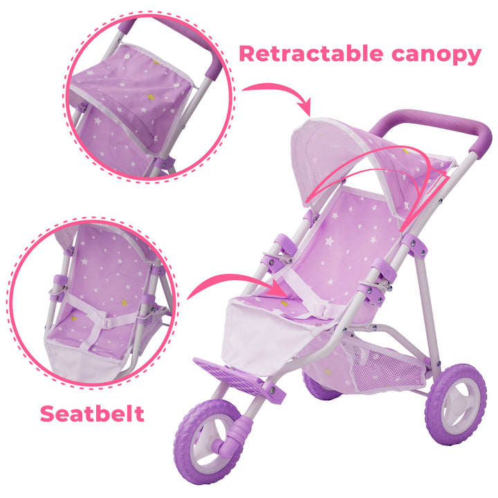Callouts of the retractable canopy and seat belt next to a full photo of  a purple with white stars baby doll jogging stroller with purple wheels and a white frame.