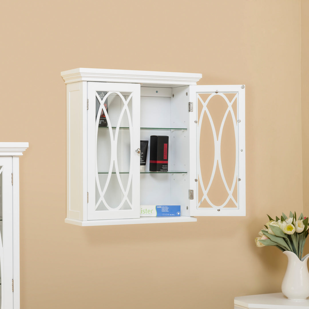 Teamson Home White Florence Removable Wall Cabinet mounted on the wall with toiletries inside on the adjustable shelves