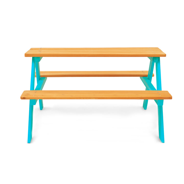 Teamson Kids Child Sized Wooden Outdoor Picnic Table with versatile Aqua legs on a white background.