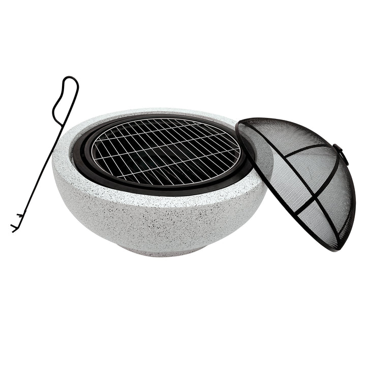 Teamson Home Outdoor 24" Wood Burning Fire Pit with Grill Grate and Faux Concrete Base, Gray with a poker, grill grate and mesh spark screen