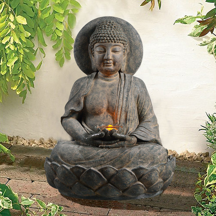 Teamson Home Buddha Outdoor Waterfall Fountain with LED Lights, Gray