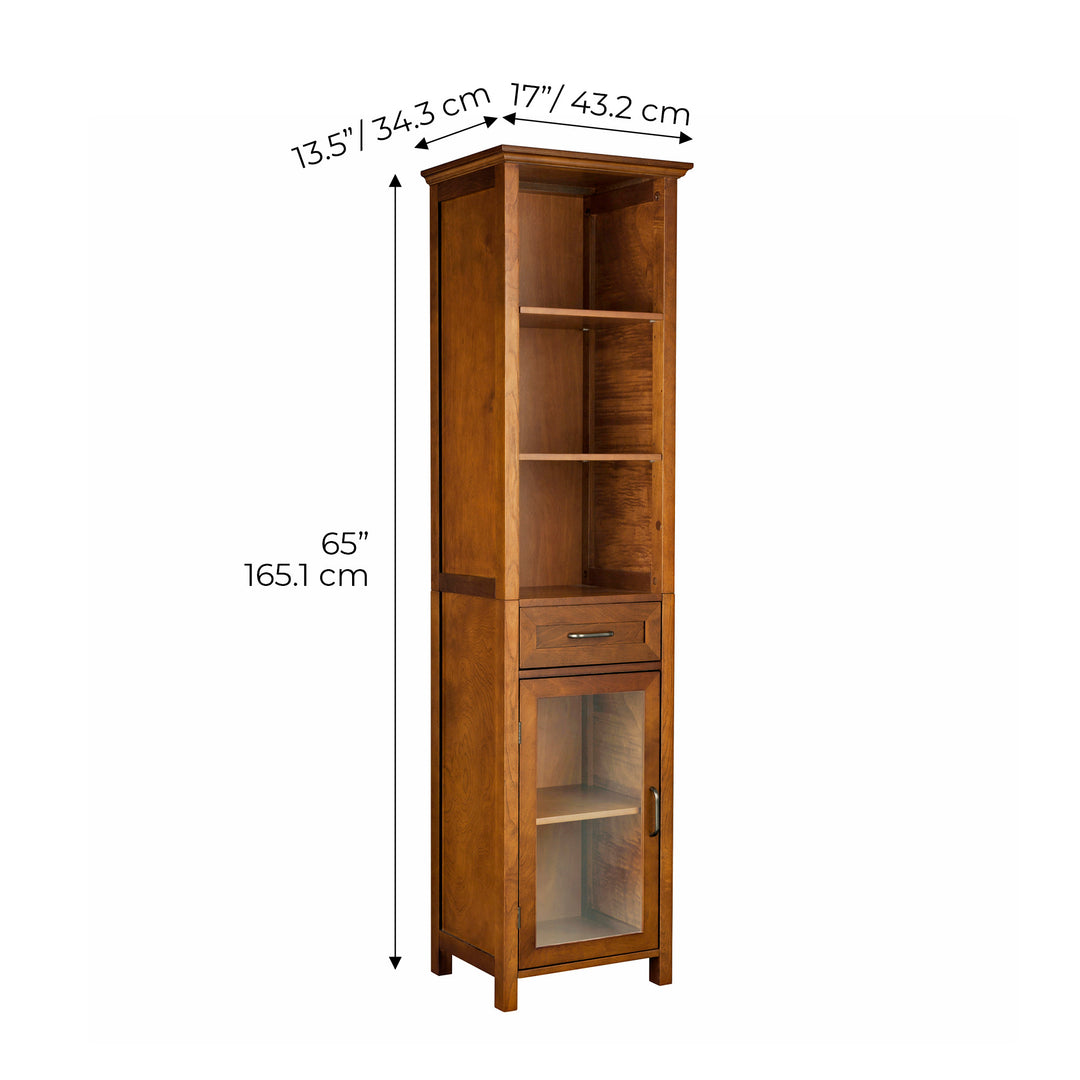 Teamson Home Avery Linen Cabinet with Open Shelves and Storage Drawer, Oiled Oak with dimensions listed in inches and centimeters