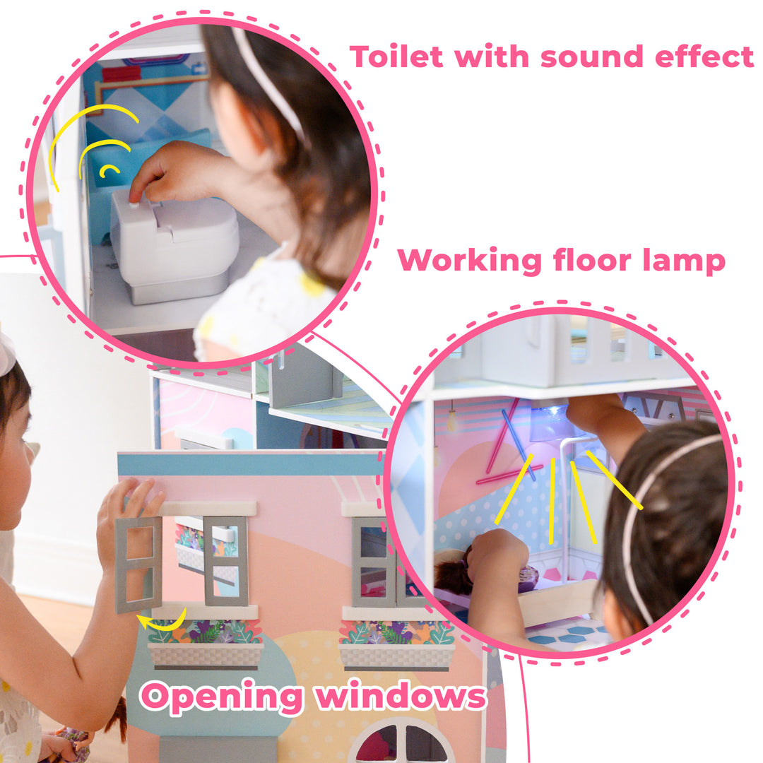 Callouts of the flushing toilet with the caption "Toilet with sound effect", callout of the floor lamp with the caption "working floor lamp", and close up of a panel with the caption "opening windows"