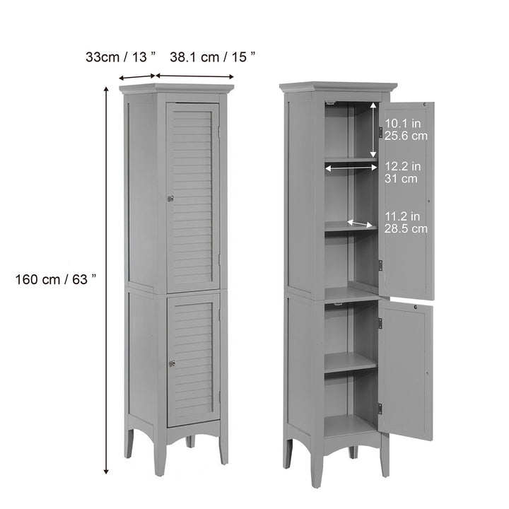 A Teamson Home Glancy Wooden Linen Tower Cabinet with Storage, Gray with two doors and two drawers.