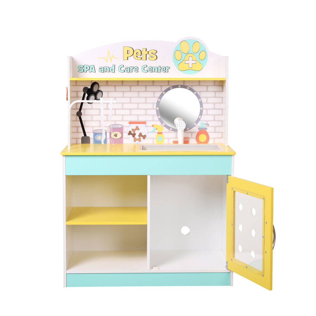 Teamson Kids - Little Helper Pet Play Stand Toys - Green/Yellow with door open.
