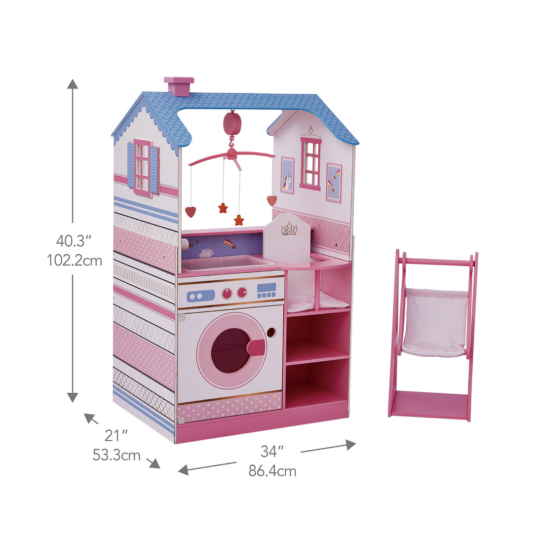 Dimensions in inches and centimeters of a baby doll changing station/dollhouse combination play set in periwinkle and pinks with an individual baby doll swing.