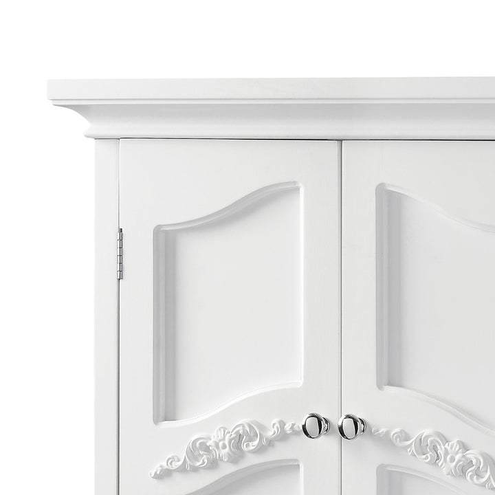Teaamson Home White Versailles Removable Wall Cabinet with a close-up of the scrollwork and decorative recessed panels on the doors
