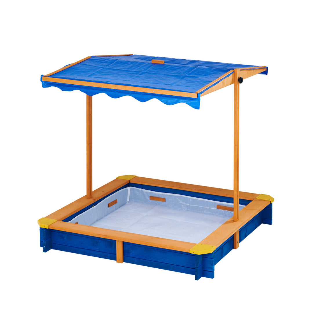 Children's Teamson Kids 4' Square Solid Wood Sandbox with Rotatable Canopy Cover, Honey/Blue with bench seats.