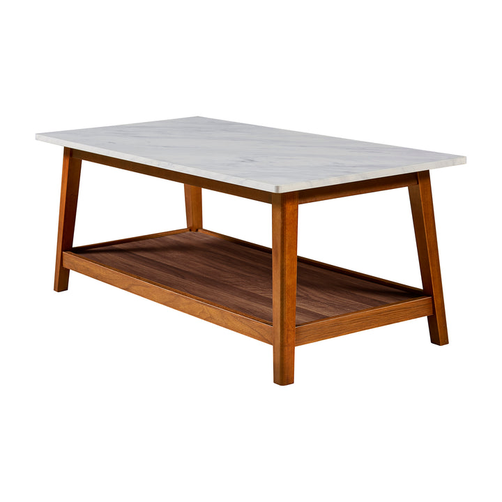 Mid-century modern style table with a faux marble top and a walnut-finished frame.
