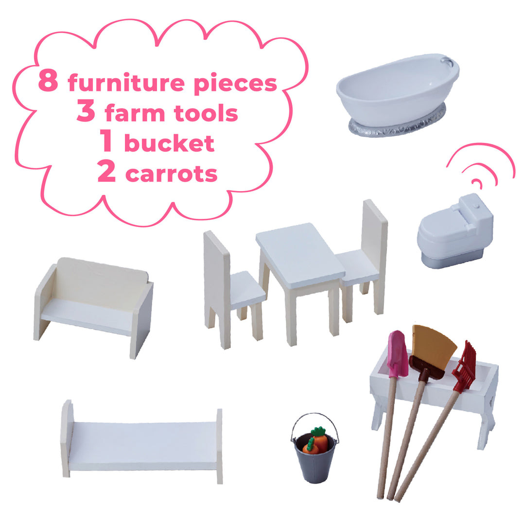 A collage of the accessories: bathtub, toilet, table and two chairs, sofa, bed, bucket, carrots, shovel, broom, hay shovel and trough with the caption "8 furniture pieces, 3 farm tools, 1 bucket, 2 carrots"