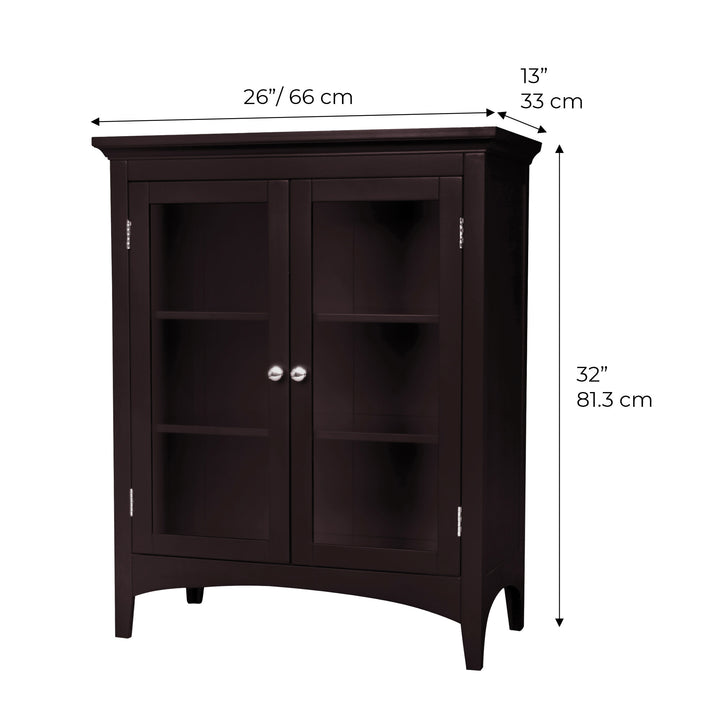 Dimensions in inches and centimeters for the Teamson Home Madison Floor Cabinet with Double Doors, Espresso