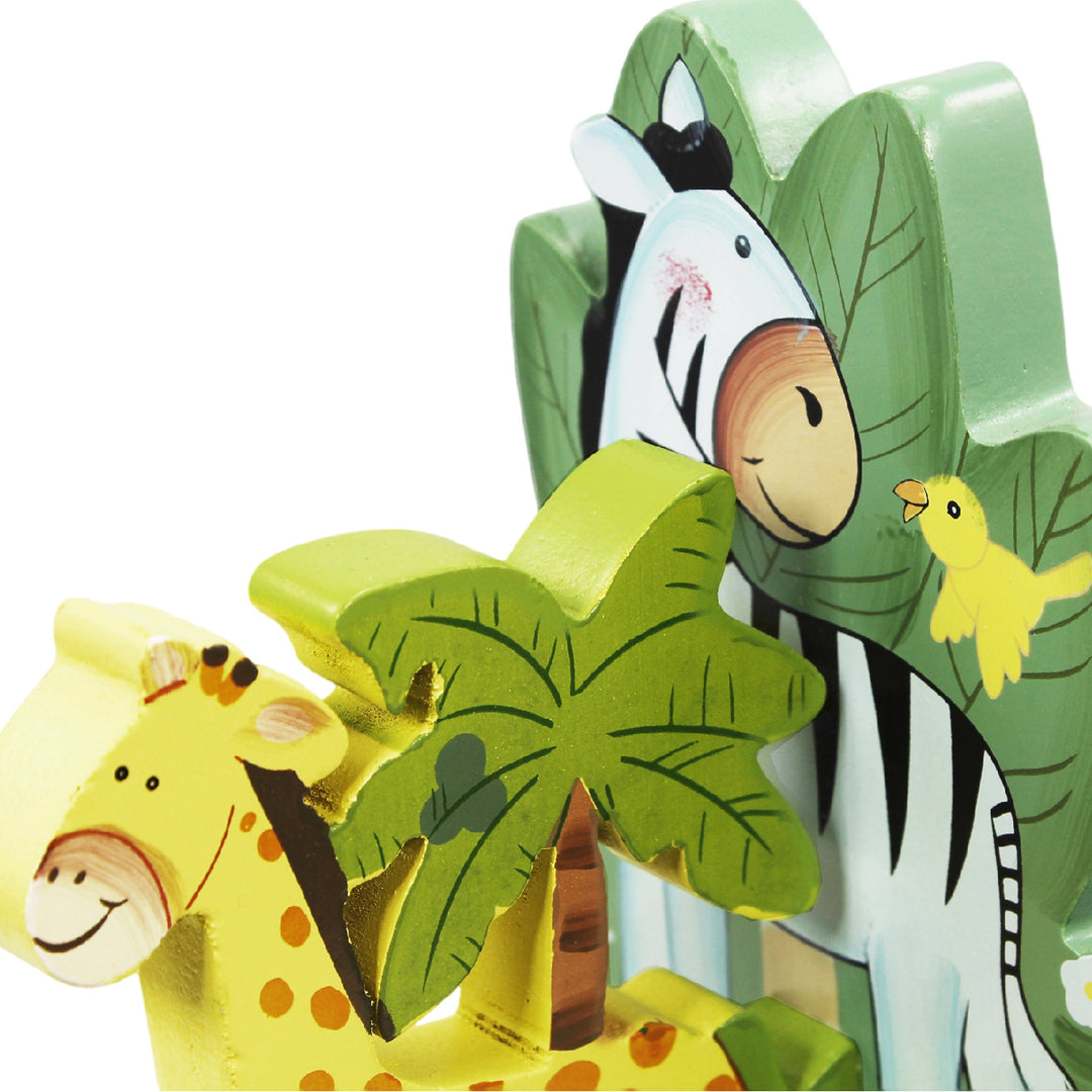 A Fantasy Fields Sunny Safari Bookends, Set of 2, Multicolor with a giraffe and a zebra, perfect for playroom organization.