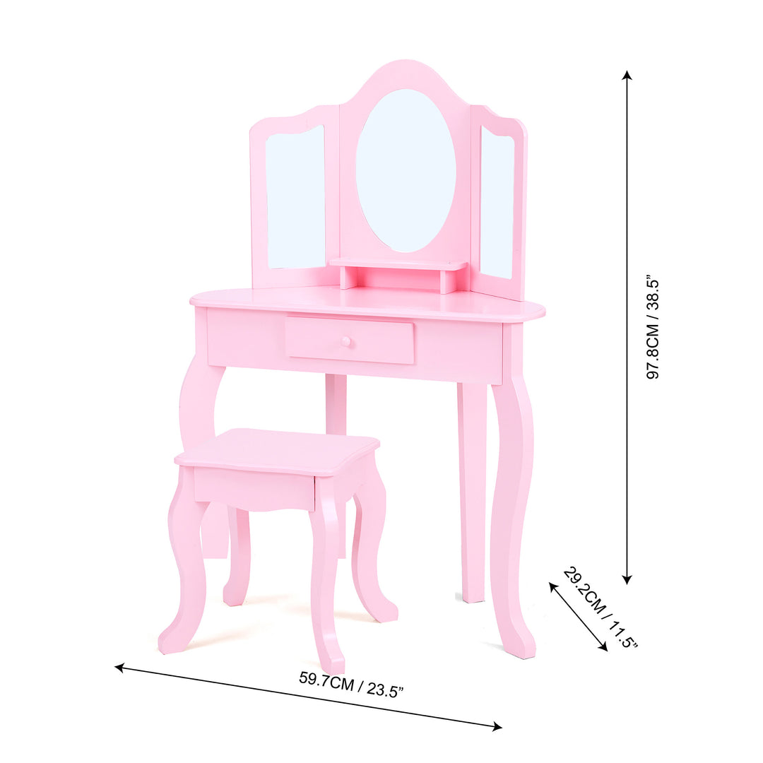 The dimensions in inches and centimeters  of a pink vanity table and stool with a tri-fold mirror.