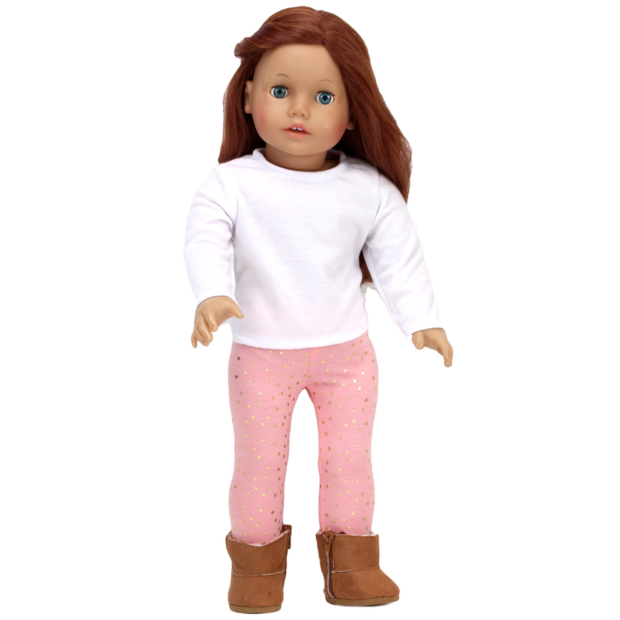 Sophia’s Metallic Zip-Up Vest, Peach Leggings with Gold Polka Dots, White Long-Sleeved T-Shirt, & Ugg-Inspired Booties Complete Outfit Set for 18” Dolls, Gold