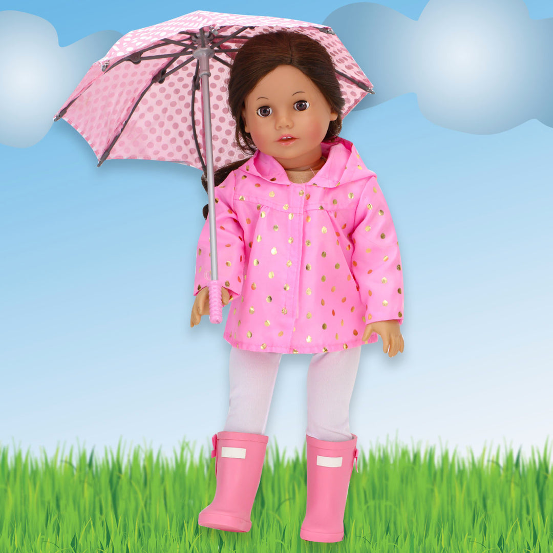 Sophia’s Cute Realistic Open-Close Polka Dot Umbrella Accessory for Rainy Days with Clear Strap Handle for 18” Dolls, Light Pink