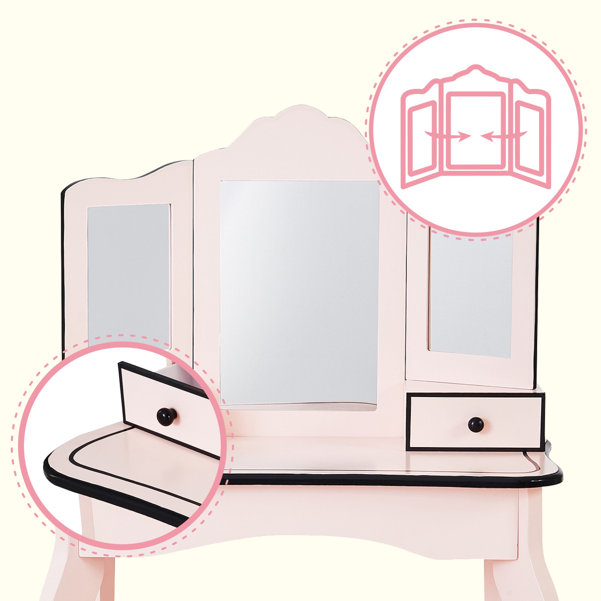 Fantasy Fields Kids Little Lady Adriana Vanity Set with Tri-Fold Mirror and Chair, Pink/Black