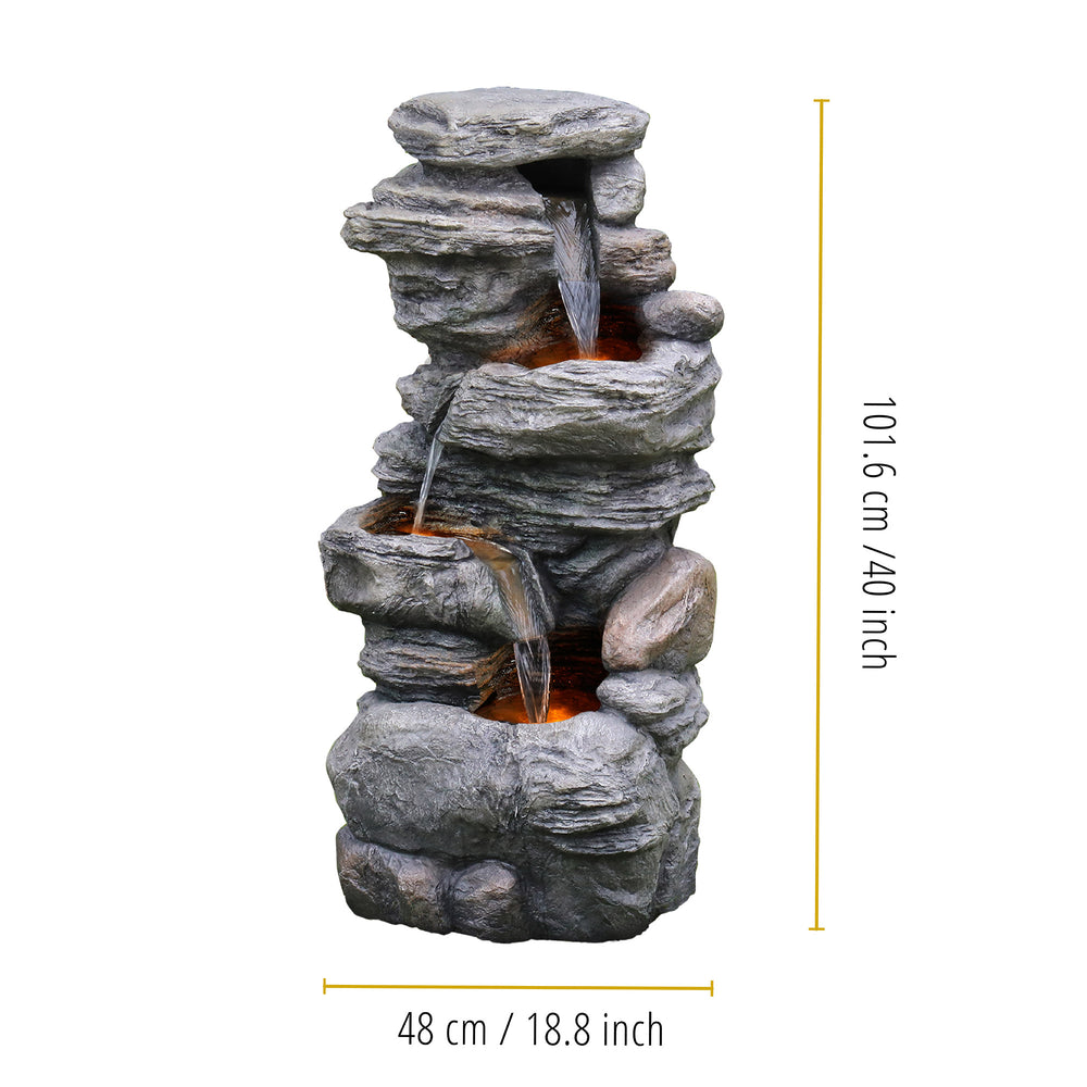 Dimensions listed in inches and centimeters of a Teamson Home 4-Tier Stacked Stone Water Fountain with LED Lights, Gray