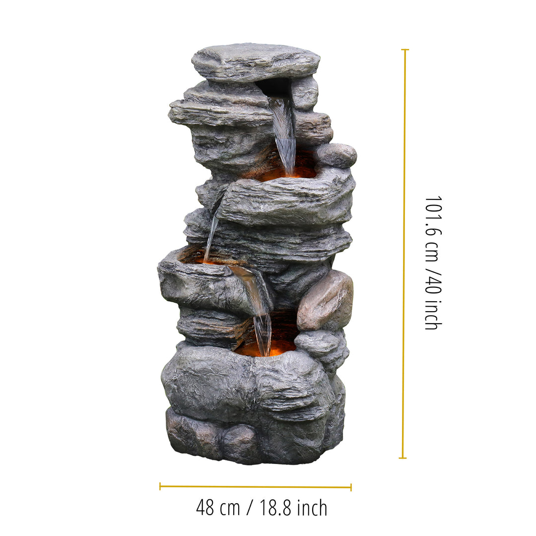 Dimensions listed in inches and centimeters of a Teamson Home 4-Tier Stacked Stone Water Fountain with LED Lights, Gray