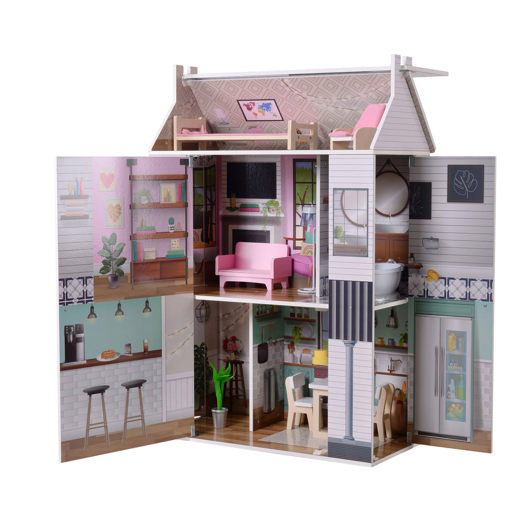 A view from the right side of the dollhouse with a view of fully-illustrated panels for the kitchen, living room, and bathroom.