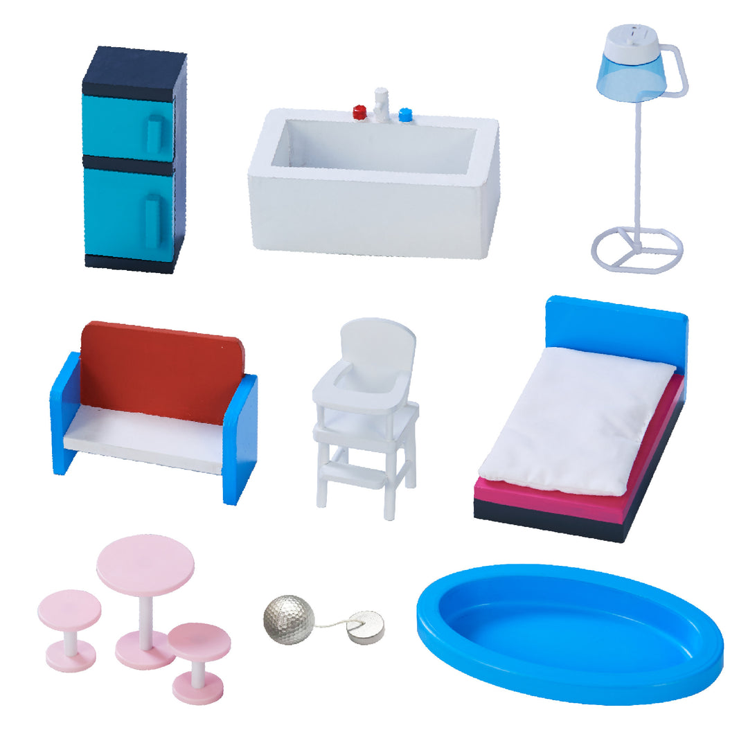 The accessories collection: refrigeratro, bathtub, floor lamp, sofa, high chair, bed, table with two stools, a mirror ball pendant, and pool.