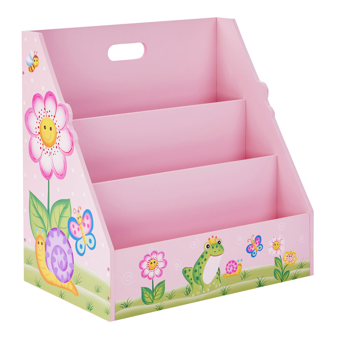 A Fantasy Fields Kids Painted Wooden Magic Garden 3-Tiered Bookshelf, Pink with flowers and butterflies on it, ideal for a playroom storage solution.
