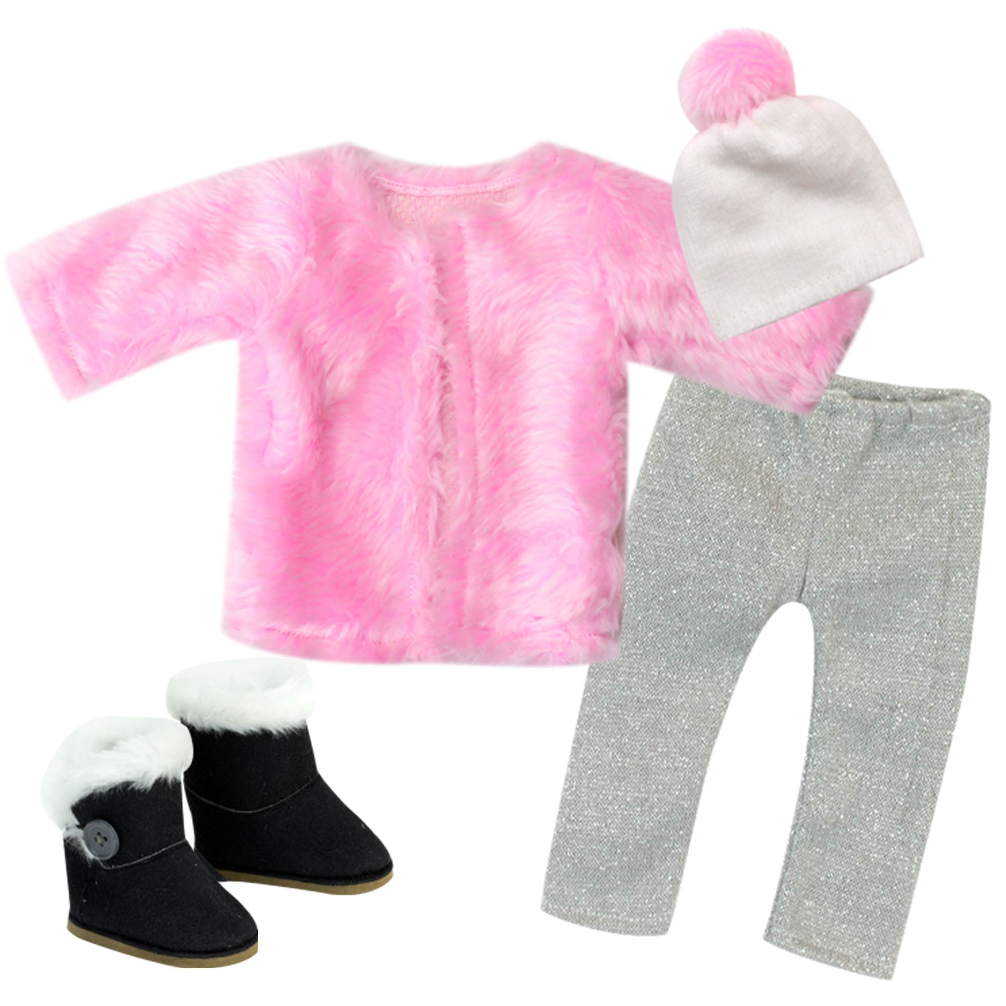 Sophia's Shaggy Coat, Winter Hat, Leggings and Boots for 18" Dolls, Pink/Gray/Black