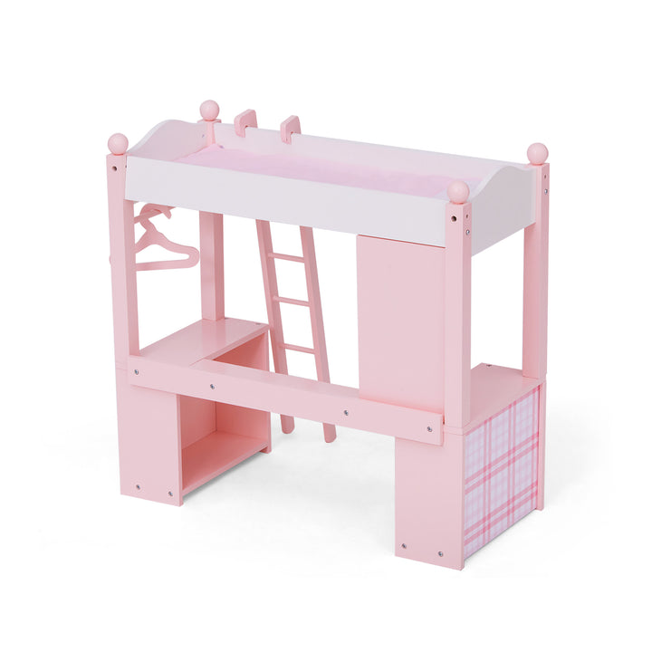 Back view of pink and white loft bed for 18" dolls with pink plaid print.