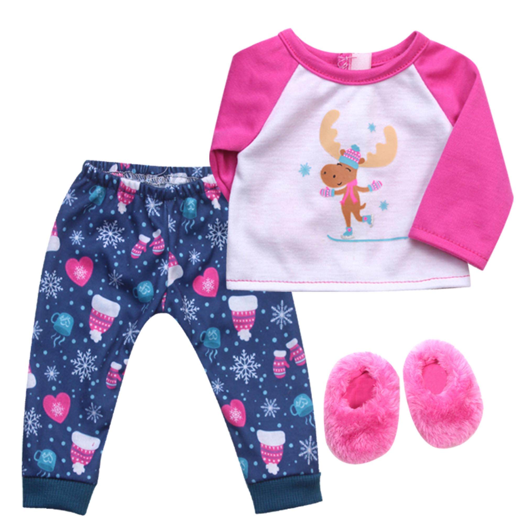 Sophia’s Super Cute Moose & Snowflake Print Long-Sleeved Raglan Winter Sleepwear Pajamas & Fuzzy Slipper Set for 18” Dolls, Blue/Pink
