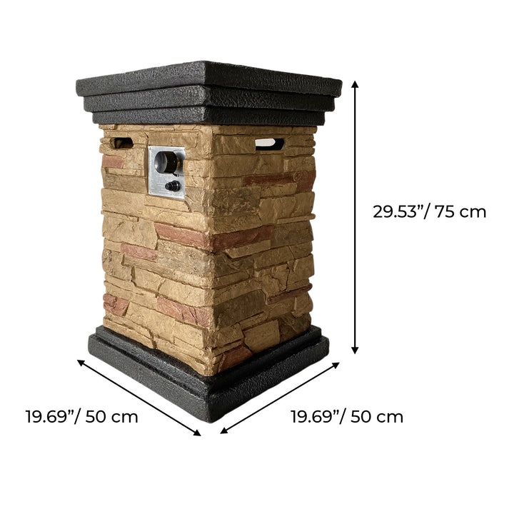 The dimensions of Teamson Home 20" Outdoor Square Faux Slate Propane Gas Fire Pit in inches and centimeters.